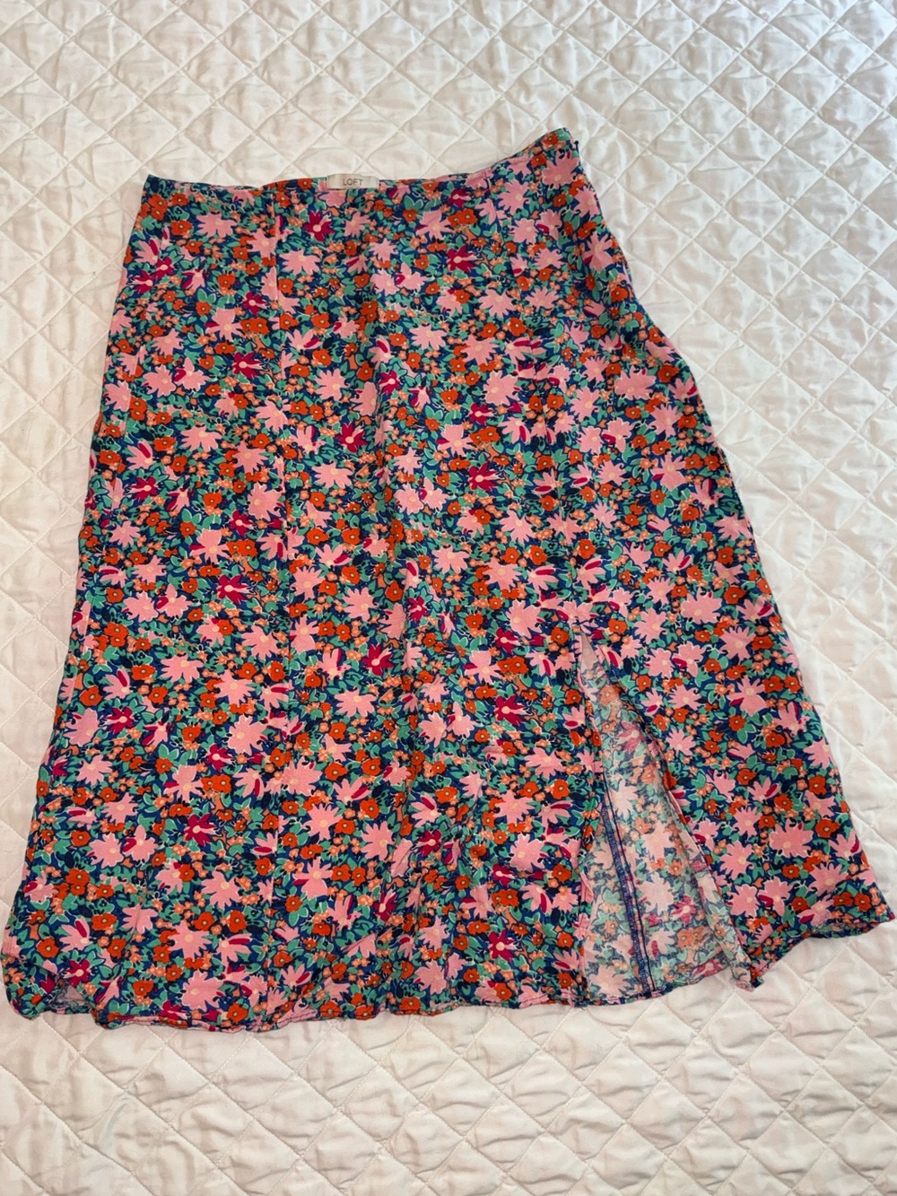 LOFT Floral Midi Skirt in Pink and Teal